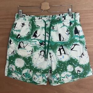Vilebrequin Moorea Santa's Little Penguins print swim trunks shorts XXL green 7"